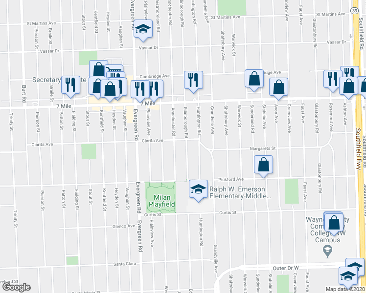 map of restaurants, bars, coffee shops, grocery stores, and more near 18914 Annchester Road in Detroit