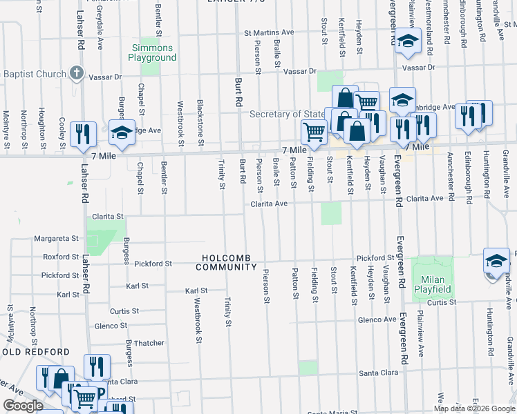 map of restaurants, bars, coffee shops, grocery stores, and more near 18934 Pierson Street in Detroit