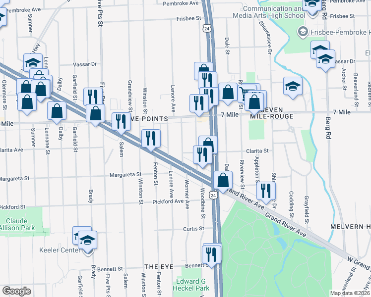 map of restaurants, bars, coffee shops, grocery stores, and more near 18960 Wormer Street in Detroit