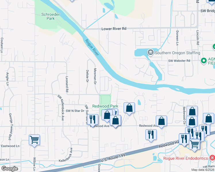 map of restaurants, bars, coffee shops, grocery stores, and more near 1241 Dowell Road in Grants Pass