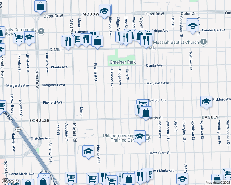 map of restaurants, bars, coffee shops, grocery stores, and more near 18501 Griggs Street in Detroit
