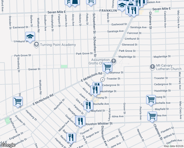 map of restaurants, bars, coffee shops, grocery stores, and more near 13440 Greiner Street in Detroit