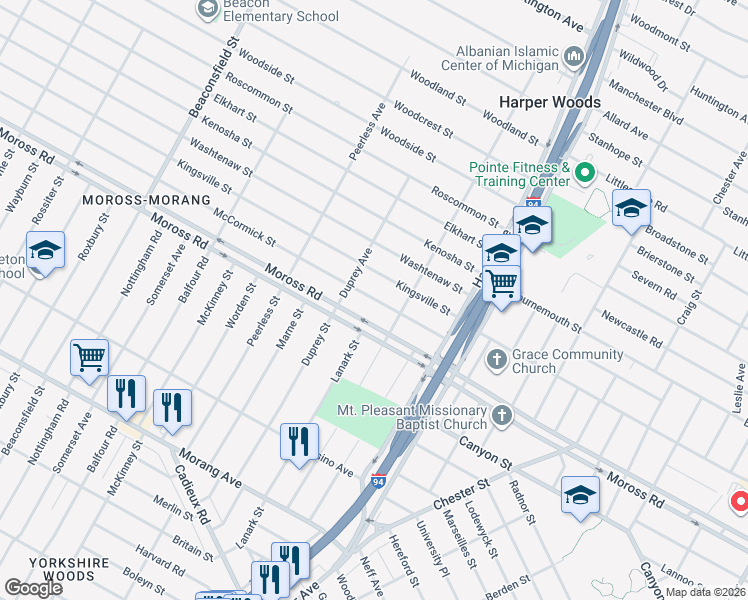 map of restaurants, bars, coffee shops, grocery stores, and more near 20420 Kingsville Street in Harper Woods