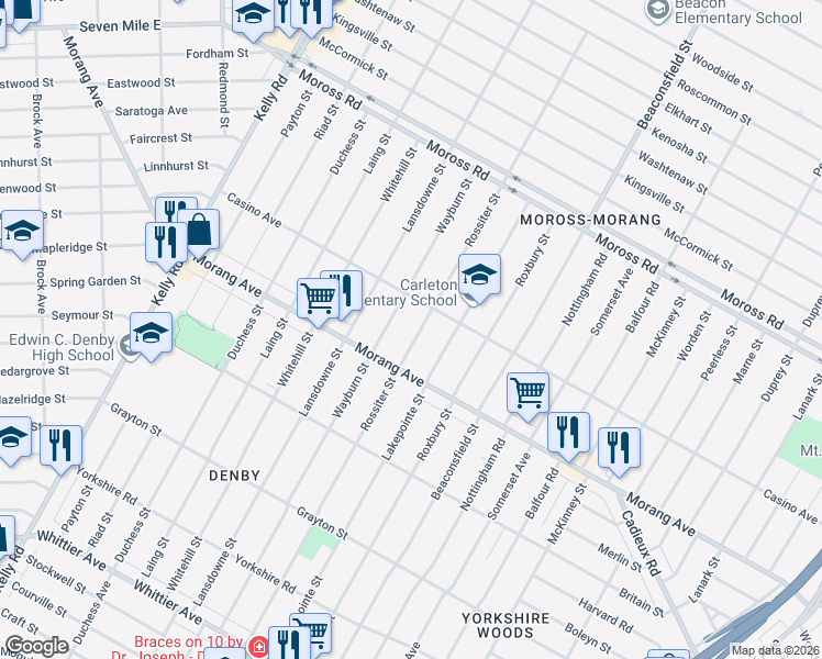 map of restaurants, bars, coffee shops, grocery stores, and more near 11916 Wayburn Street in Detroit