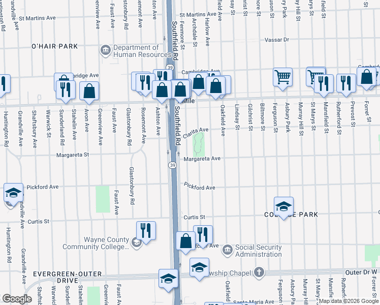 map of restaurants, bars, coffee shops, grocery stores, and more near 18622 Fenmore Street in Detroit