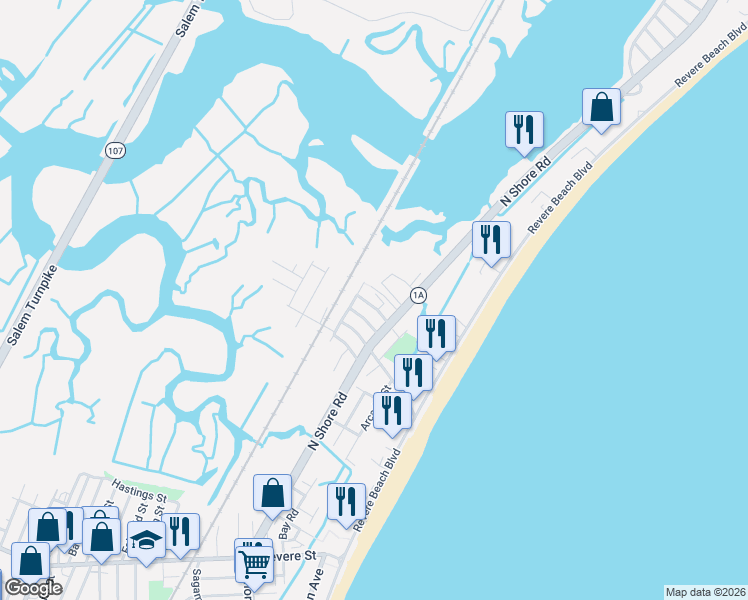 map of restaurants, bars, coffee shops, grocery stores, and more near 32 Glendale Street in Revere