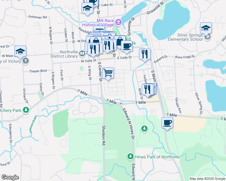 map of restaurants, bars, coffee shops, grocery stores, and more near 301 South Center Street in Northville