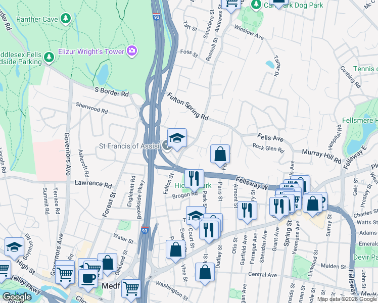 map of restaurants, bars, coffee shops, grocery stores, and more near 194 Fulton Street in Medford