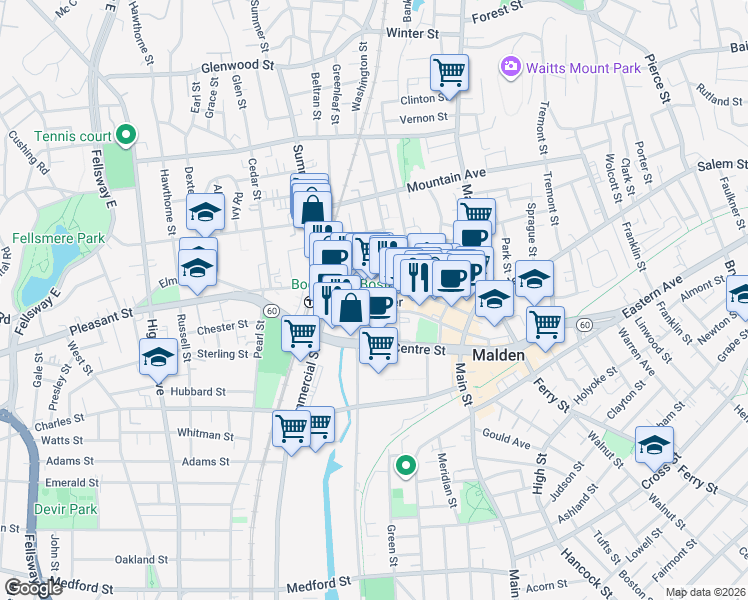 map of restaurants, bars, coffee shops, grocery stores, and more near 160 Pleasant Street in Malden