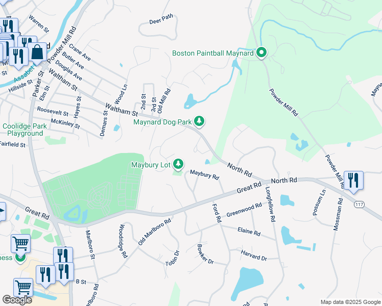 map of restaurants, bars, coffee shops, grocery stores, and more near 141 Waltham Street in Maynard