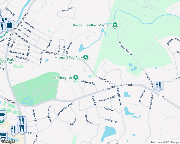 map of restaurants, bars, coffee shops, grocery stores, and more near 151 Waltham Street in Maynard