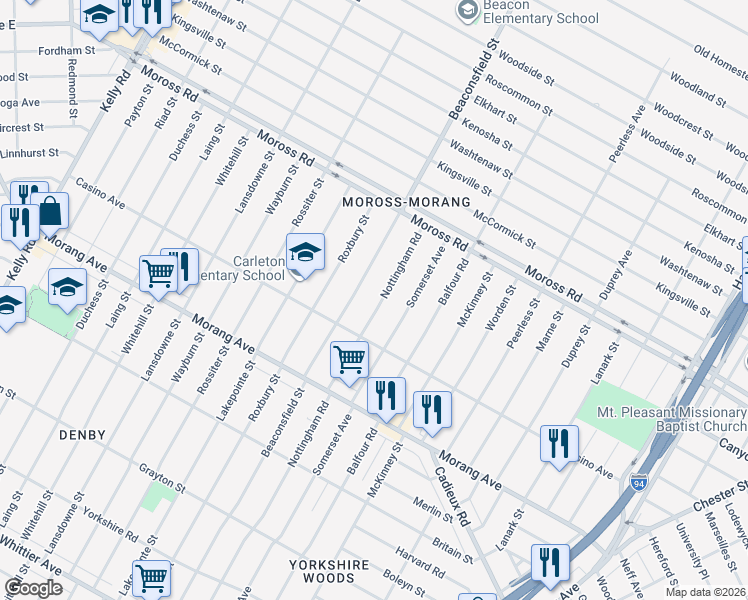 map of restaurants, bars, coffee shops, grocery stores, and more near 11583 Nottingham Road in Detroit