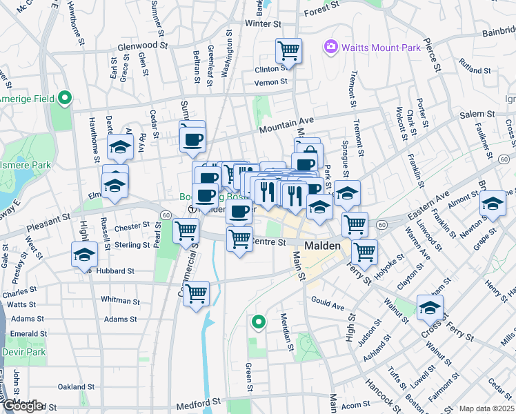 map of restaurants, bars, coffee shops, grocery stores, and more near 95-105 Pleasant Street in Malden
