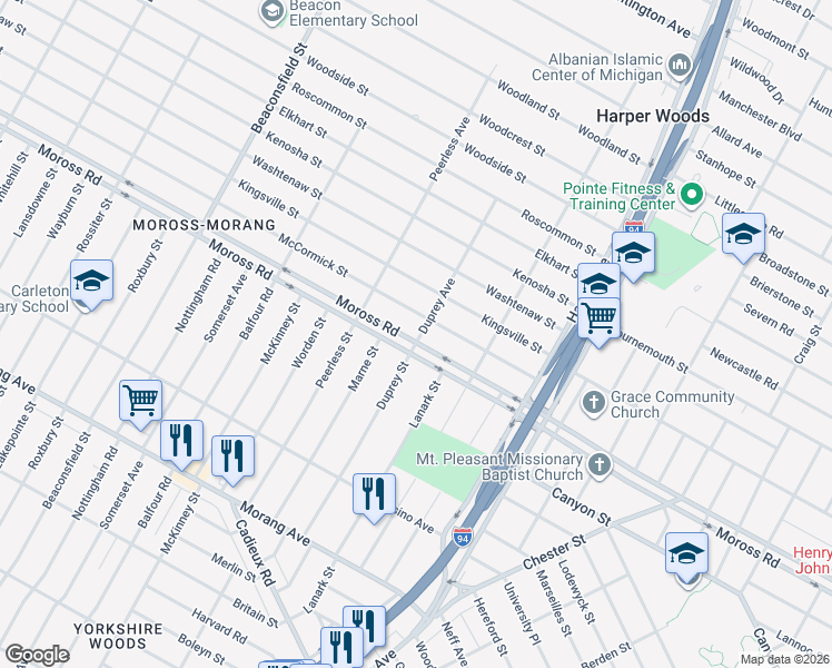 map of restaurants, bars, coffee shops, grocery stores, and more near 20276 McCormick Street in Detroit