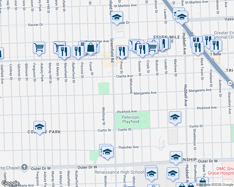 map of restaurants, bars, coffee shops, grocery stores, and more near 18600 Greenfield Road in Detroit
