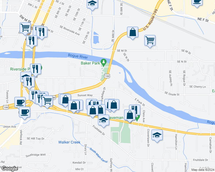 map of restaurants, bars, coffee shops, grocery stores, and more near 800 East Park Street in Grants Pass