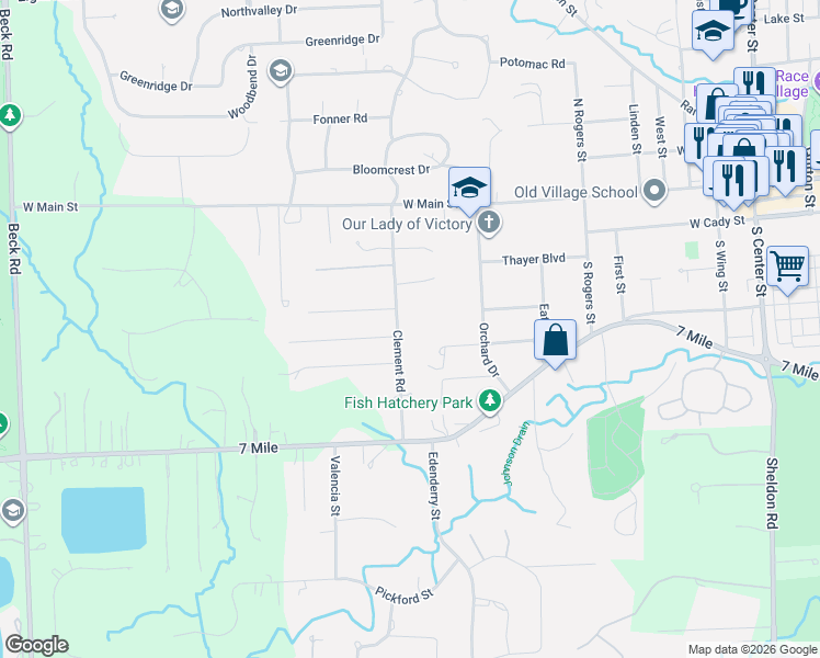 map of restaurants, bars, coffee shops, grocery stores, and more near 19666 Clement Road in Northville
