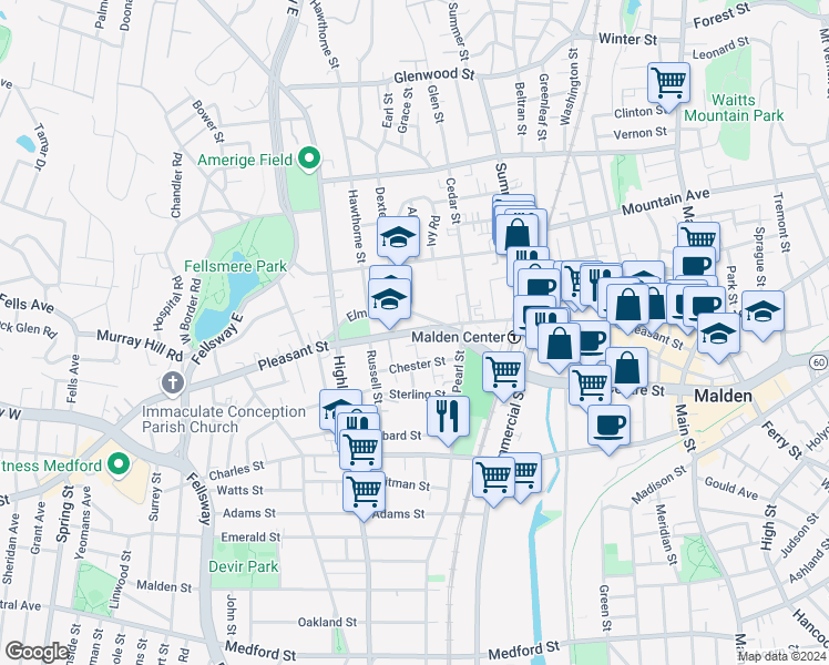 map of restaurants, bars, coffee shops, grocery stores, and more near 7 Elm Street in Malden