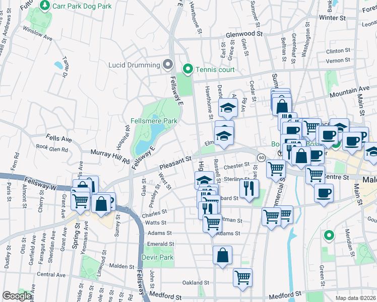 map of restaurants, bars, coffee shops, grocery stores, and more near 18 Overlook Park in Malden