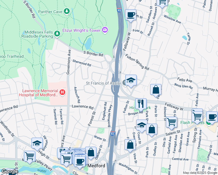map of restaurants, bars, coffee shops, grocery stores, and more near 239 Forest Street in Medford