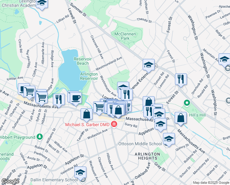 map of restaurants, bars, coffee shops, grocery stores, and more near 33 Westminster Avenue in Arlington