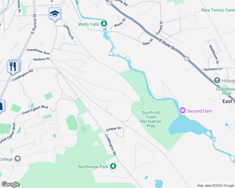map of restaurants, bars, coffee shops, grocery stores, and more near 165 Kendall Avenue in Ithaca