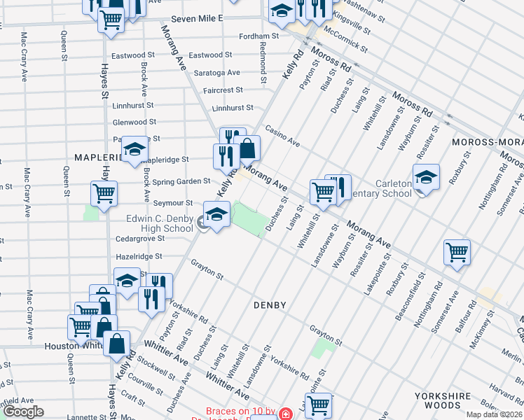 map of restaurants, bars, coffee shops, grocery stores, and more near 12305 Riad Street in Detroit