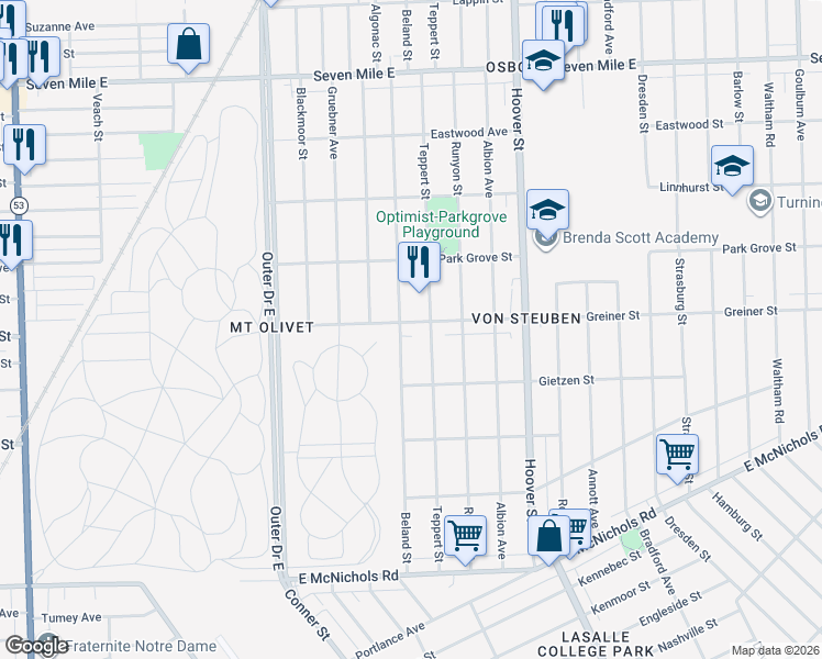 map of restaurants, bars, coffee shops, grocery stores, and more near 18025 Teppert Street in Detroit