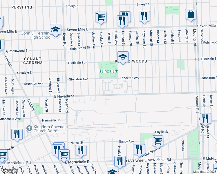 map of restaurants, bars, coffee shops, grocery stores, and more near 4552-4798 Stockton Avenue in Detroit