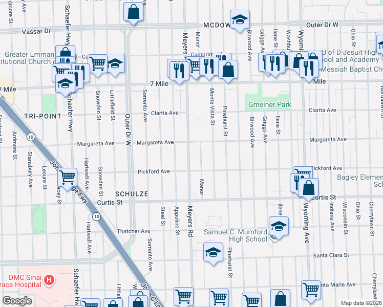 map of restaurants, bars, coffee shops, grocery stores, and more near 18517 Meyers Road in Detroit