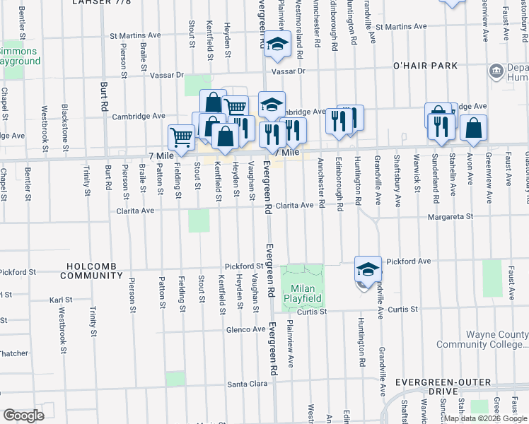map of restaurants, bars, coffee shops, grocery stores, and more near 18920 Vaughan Street in Detroit