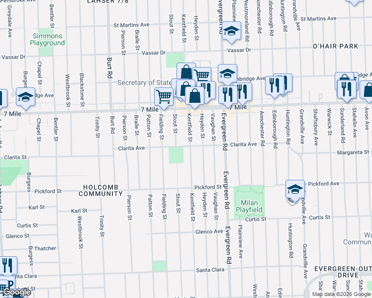 map of restaurants, bars, coffee shops, grocery stores, and more near 18922 Stout Street in Detroit