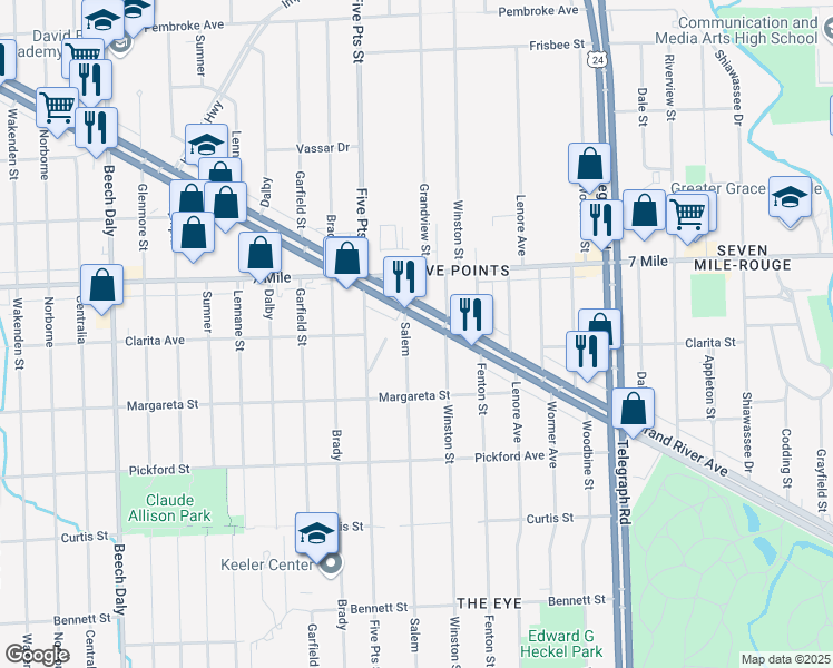 map of restaurants, bars, coffee shops, grocery stores, and more near 24677 Grand River Avenue in Detroit