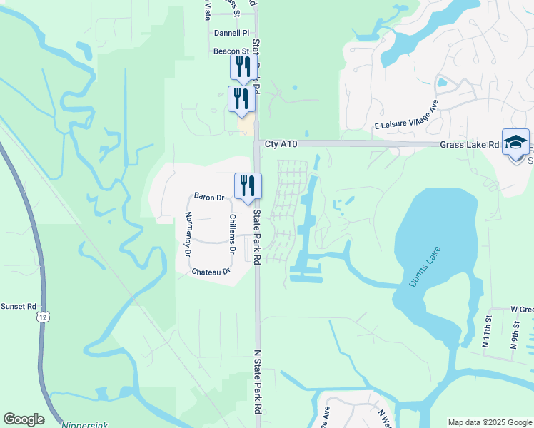 map of restaurants, bars, coffee shops, grocery stores, and more near 6907 State Park Road in Spring Grove