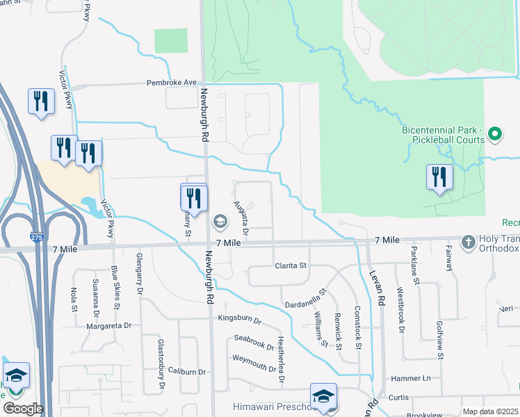 map of restaurants, bars, coffee shops, grocery stores, and more near 19194 Augusta Court in Livonia