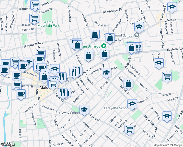 map of restaurants, bars, coffee shops, grocery stores, and more near 2 Coburn Street in Malden