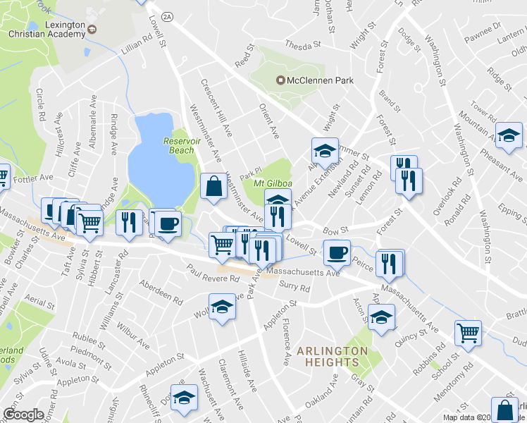 map of restaurants, bars, coffee shops, grocery stores, and more near 33 Westminster Avenue in Arlington