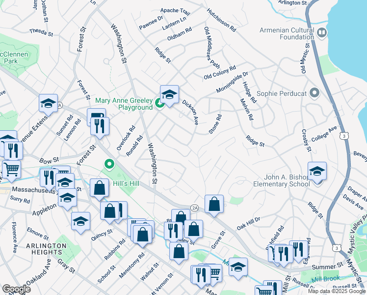 map of restaurants, bars, coffee shops, grocery stores, and more near 87 Dickson Avenue in Arlington