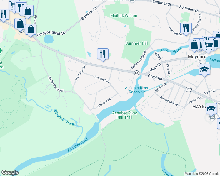 map of restaurants, bars, coffee shops, grocery stores, and more near 10 Assabet Street in Maynard