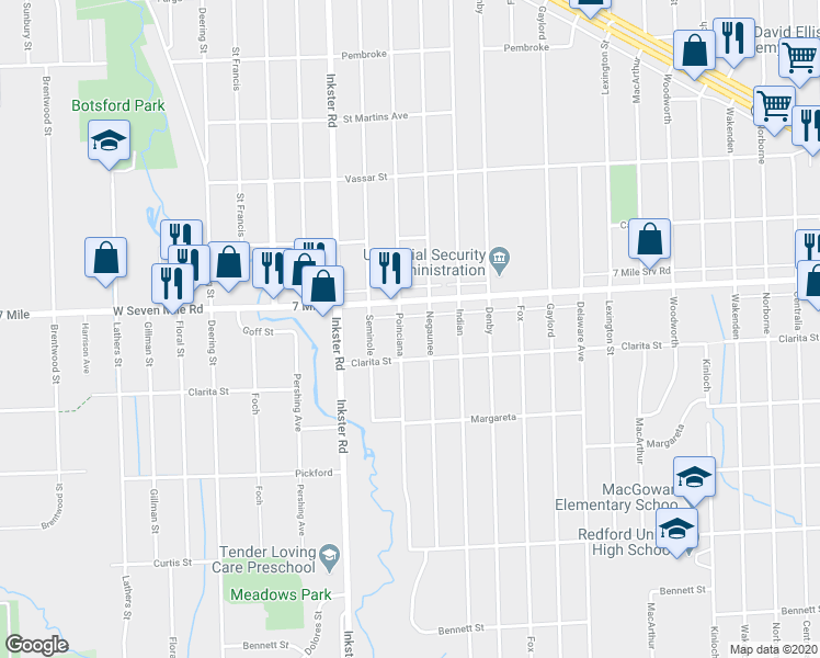 map of restaurants, bars, coffee shops, grocery stores, and more near 18860 Poinciana in Redford Charter Township