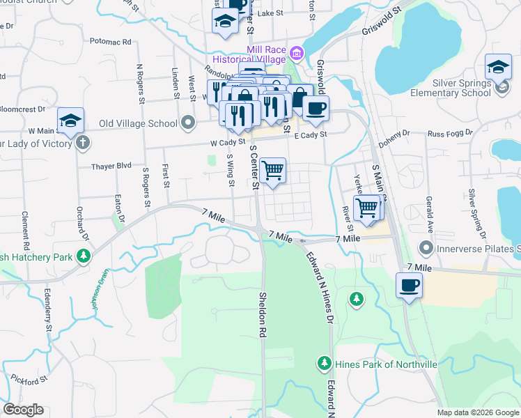 map of restaurants, bars, coffee shops, grocery stores, and more near 105 Fairbrook Street in Northville