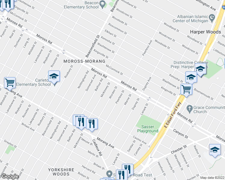 map of restaurants, bars, coffee shops, grocery stores, and more near 11125 Worden Street in Detroit