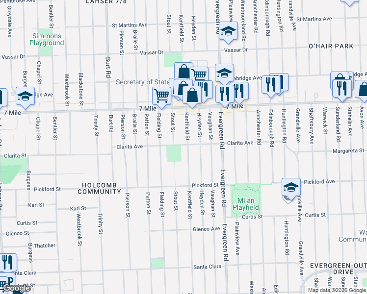 map of restaurants, bars, coffee shops, grocery stores, and more near 18922 Stout Street in Detroit