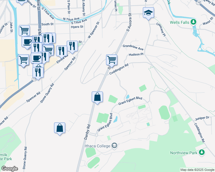 map of restaurants, bars, coffee shops, grocery stores, and more near 907 Danby Rd in Ithaca