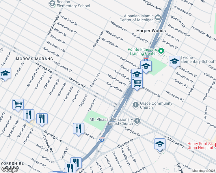 map of restaurants, bars, coffee shops, grocery stores, and more near 20493 Kingsville Street in Harper Woods
