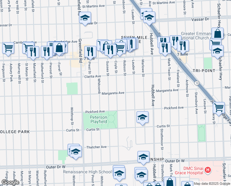 map of restaurants, bars, coffee shops, grocery stores, and more near 18636 Coyle Street in Detroit