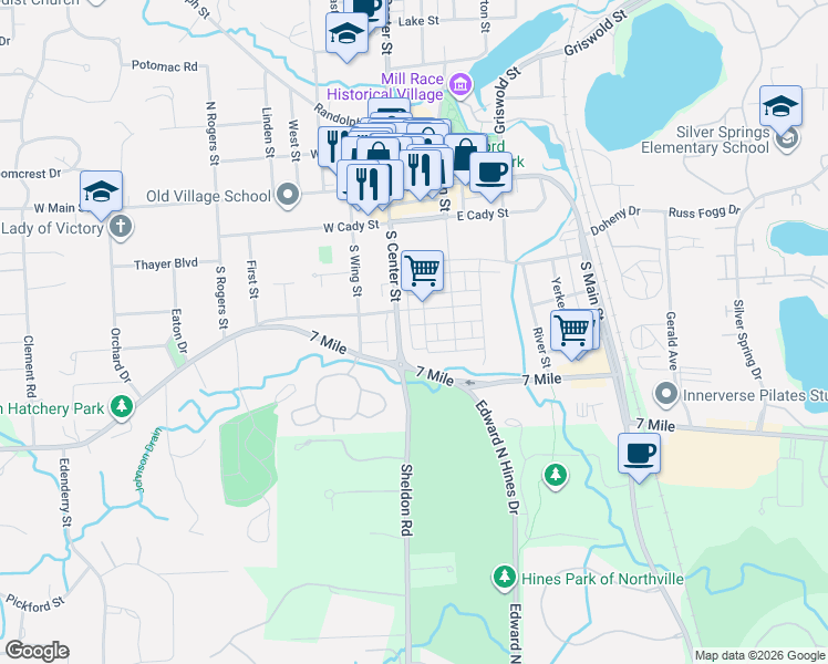 map of restaurants, bars, coffee shops, grocery stores, and more near 105 Fairbrook Street in Northville