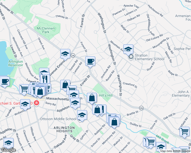 map of restaurants, bars, coffee shops, grocery stores, and more near 455-457 Summer Street in Arlington