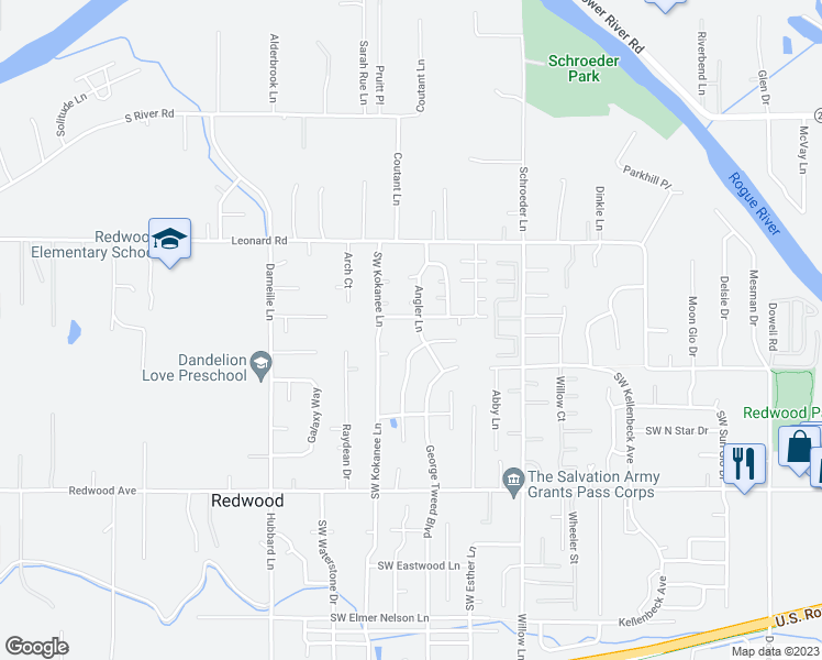 map of restaurants, bars, coffee shops, grocery stores, and more near 1132 Angler Lane in Grants Pass
