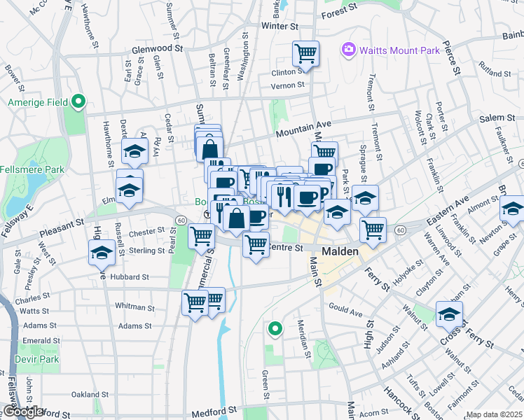 map of restaurants, bars, coffee shops, grocery stores, and more near 157 Pleasant Street in Malden
